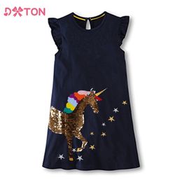 DXTON Summer Kids Dresses For Girls Flying Sleeve Toddlers Dress Cotton Children Clothing Sequin Unicorn Baby 312Y 240416