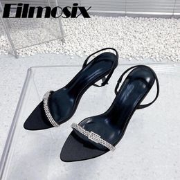 Sandals Satin Rhinestone One Strap Women 2024 Summer Peep Toe Ankle High Heels Sexy Nightclubs