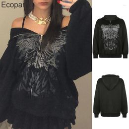 Women's Hoodies 2024 Y2k Gothic Butterfly Print Oversize Zip Up Long Sleeve Sweatshirt Casual Hooded Pullover Streetwear Female