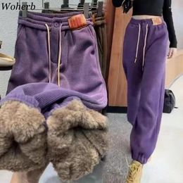 Women's Pants Winter Solid Thicken Fashion Women Pantalones Vintage Drawstring Pocket Cargo Trousers Casual Loose All Match Harem