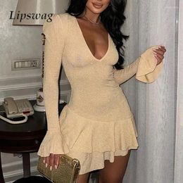 Casual Dresses Fashion Flared Long Sleeve Ruffled Mini Dress Sexy V Neck Low Cut Nightclub Autumn Ladies Shiny Solid Color Hip Wrap