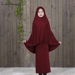 Clothing Traditional Abaya Hijab Robes for Girls Two Piece Muslim Prayer Clothes Kids Solid Loose Large Abayas D828