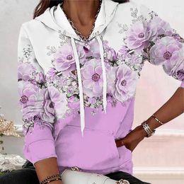Women's Hoodies Cosy Sweatshirt Flower Print Hooded Long Sleeve Pullover With Pockets Loose Fit For Autumn/winter