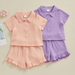 Clothing Sets Toddler Children Girls Summer Outfits Solid Colour Buttons Short Sleeve Tops And Elastic Waist Shorts 2Pcs Kid Clothes Set