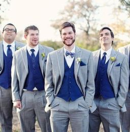 Gray Wedding Groomsmen Tuxedos Classic Style Three Piece Royal Blue Vest Custom Made Groom Men Suits Jacket Vest Pants9397231