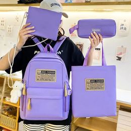 School Bags Four Piece Set Schoolbag Korean Casual Backpack Large Capacity Versatile Lightweight Simplicity Fresh Canvas Fabric Simple Bag