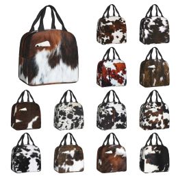 Bags Scottish Highland Cow Cowhide Insulated Lunch Bags Women Animal Hide Leather Lunch Tote for Outdoor Camping Storage Food Box