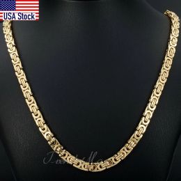 Necklaces 7mm High quality Flat Byzantine Link Necklace For Mens Boys Gold Colour Stainless Steel Heavy Luxury Jewellery