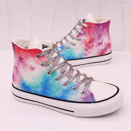 Casual Shoes Original Hand-painted Canvas Women High Top Fashion Mixed Colours Starry Sky Graffiti Board Girls Large Size46