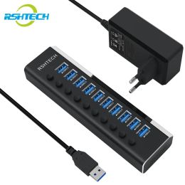 Hubs RSHTECH USB Hub 10 Port 5Gbps USB 3.0 Data Hubs with 36W 12V/3A Power Adapter Individual On/Off Switches Laptop USB Splitter