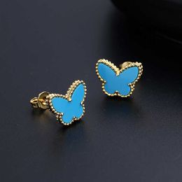 مصمم العلامة التجارية أزياء الشاحنة عالية الإصدار S925 أقراط الفضة Rose Gold Natural White Fritillaria Butterfly Blue