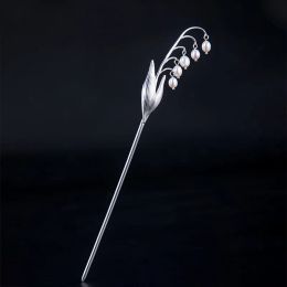 Jewelry 925 Sterling Silver Chinese Style Lily of the Valley Hair Pin Female Head Jewelry Ethnic Freshwater Pearl Flower Hair Sticks FZ6