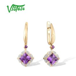 Earrings VISTOSO Gold Earrings For Women 14K 585 Yellow Gold Sparkling Diamond Fancy Amethyst Elegant Wedding Anniversary Fine Jewellery