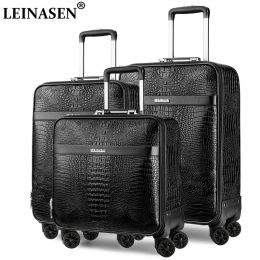 Luggage Crocodile Grain retro Suitcase on Wheels 24 '' Business PU Leather Trolley Luggage Men 16''20''24'' Inch suitcase sets Black