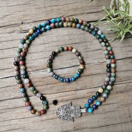 Necklaces 8mm Indian Onyx Mala Beads,Apatite Mala Necklace,Charming Lotus Pendant,Meditation Jewelry,Unisex Mala,Yoga Gift,108 Mala Beads