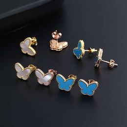 مصمم العلامة التجارية أزياء Van Natural White Fritillaria Butterfly أقراط عالية الطبعة زرقاء العقيق S925 Silver Rose Gold Jewelry