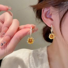 Stud Earrings Gold Plated Pearl Sunflower Exquisite C-shaped 925 Silver Needle Piercing Trendy Accessories For Girls