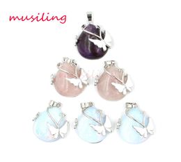 Water Drop Butterfly Pendants Necklace Chain Natural Stone Jewellery Pendulum Silver Plated Charms Amulet European Fashion Jewellery F7060489