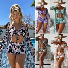 Swimming Suit Women's Split Body Three Piece Set, High Waisted Long Sleeved Top, Mesh Red Drawstring Bikini Swimsuit