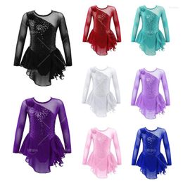 Stage Wear Toddler Girls Roller Sakting Ballet Dancewear Dress Long Sleeve Sequins Decor Flower Front Kids Figure Ice Skating Dance