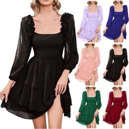 Casual Dresses 2024 Women Fashion Flare Loose A-Line Women's Solid Colour Square Neck Slim Fit Long Sleeve Cake Dress Vestidos