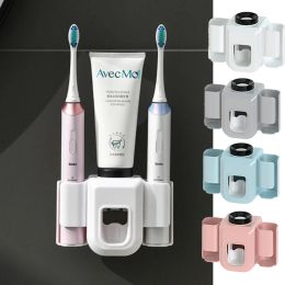 Heads Wall Mount Toothbrush Holder With Toothpaste Dispenser,Self Adhesive Tooth Brush Stand for Electric Toothbrush Organizer