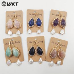 Earrings WKTE706 WKT 2022 Fashion style rose quartz&lapis&amethyst&amazonite&black obsidian/sun stone goldplate earrings gift style