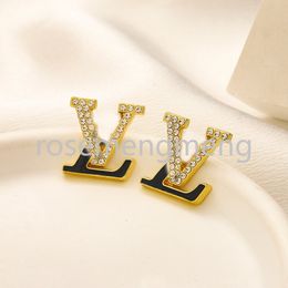 18K Gold Plated 925 Silver Luxury Brand Designers Letters Stud Earrings Back Stamp Geometric Famous Women Inlay Crystal Rhinestone Earring Wedding Party Jewerlry