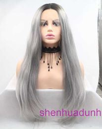 HD Body Wave Highlight Lace Front Human Hair Wigs For Women Grey synthetic Fibre front lace long straight hair headband LW0268