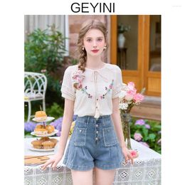 Women's Blouses Summer Short-sleeved Chiffon Shirt Short Chinese-style Embroidered Lace-up Top For Women