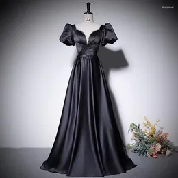 Party Dresses Black Dress Women's Clothing Solid Color V-neck Studded With Beaded Puffed Sleeves Long A-line Skirt Elegant Evening Gown M159