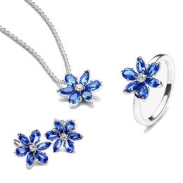 Necklaces S925 Sterling Silver Sparkling Sea Blue Herbarium Cluster Pendant Necklace Ring Stud Earrings Jewelry Set For Women Girl Gift