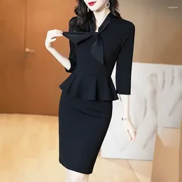 Casual Dresses Office Lady Bow Tie Fashion Midi Dress Spring Summer Sleeve Splicing Temperament Slim Woman Black Elegant ZL47