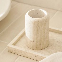 Heads 7.5 Dx 12CM H Natural Beige Marble Stone Toothbrush Washing Storage Cup Small Vase Ornaments Yellow Travertine