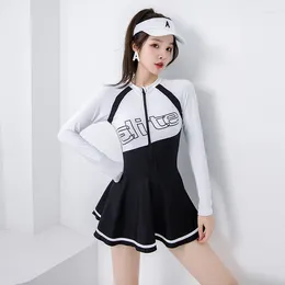 Long-sleeved One-piece Boxer Trouser Skirt Type Conservative Sports Style Seaside Spring Swimsuit Bikini