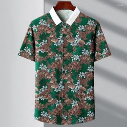 Men's Casual Shirts High Quality Printing Smooth Cool Tops 2024 Summer Flowers Print Short Sleeve Anti- Wrinkle Dresses Ice Silk Shirt