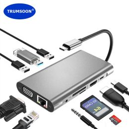 Hubs Trumsoon USB C Hub Type C Gigabit Ethernet 4K HDMICompatible VGA SD TF USB 3.0 for MacBook iPhone 15 Samsung S21 Dex Switch