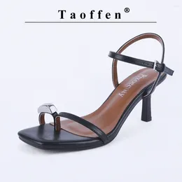 Dress Shoes Taoffen Fashion Thin Heels Women's Sandals Handmade Open Toe Square Modern Buckle Narrow Band Slingback