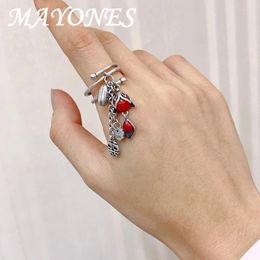 Cluster Rings Real 925 Sterling Silver South Red Agate Shape Tassel Ring Retro Multi-Layer Adjustable For Women Girls JZ110