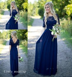 Navy Blue Long Country Bridesmaid Dress Short Sleeves Chiffon Lace Women Wear Formal Maid of Honour Dress For Wedding Party Gown8861559