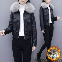 Women's Leather Jacket Women Autumn PU Short Big Fur Collar Thick Black White Winter Coat Locomotive Clothing Female