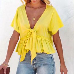 Women's Blouses Women Summer Tops Stylish T-shirt V-neck Short Sleeve Top With Knot Design Ruffle Hem Loose Blouse