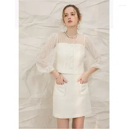 Work Dresses Sweet Suit Female 2 Pieces Set Women Summer Short Puffy Sleeve Crop Top High Waist Hollow Out Mini Skirt Suits