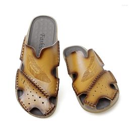 Slippers Men Shoes High Quality Genuine Leather Sandals Slip-on Beach Male Wear-resistant Soft Plus Size 46