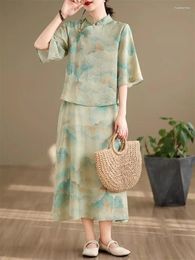 Work Dresses Standing Collar Pearl Button Top Skirt Two Piece Set Summer 2024 Chinese Style Improved Retro Suit For Women Clothes K367
