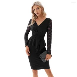 Casual Dresses Women Lace Long Sleeve Patchwork Dress OL V-Neck Knee Length Peplum Bodycon Wear To Work Cocktail Pencil A30