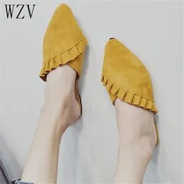 Casual Shoes 2024 Pointed Toe Women Mules Suede Leather Flat Pleated Summer Flats Mujer Korean Style Woman