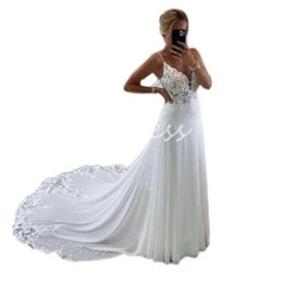 Wunderschöne Spitze Bohemian Brautkleider 2024 Spaghetti -Träger eine Linie Chiffon Chapel Zug sexy Rückenless Kirche Brautkleid Elegante Landbraut Robe de Mariee Chic