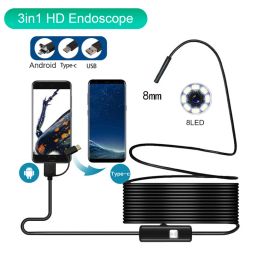 Cameras 8mm Mini Camera Endoscope HD 720P IP67 Hard Flexible Tube Mirco USB TypeC Borescope Video Inspection for Android Car Endoscope