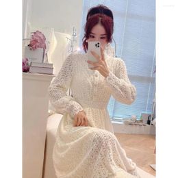 Casual Dresses Elegant Lace Floral Dress For Women Robe Spring 2024 Fashion Vintage Lantern Sleeve A Line Party Long V292